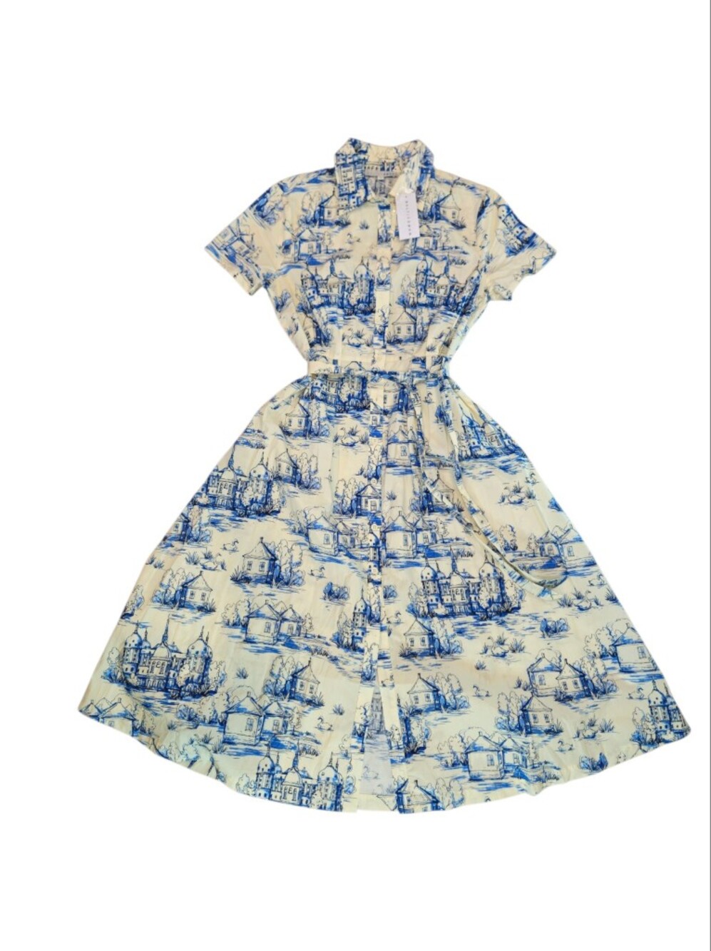 NWT Baltic Born Layne Holland Toile Midi Dress Cream Blue Tie Waist Size S - Picture 11 of 11
